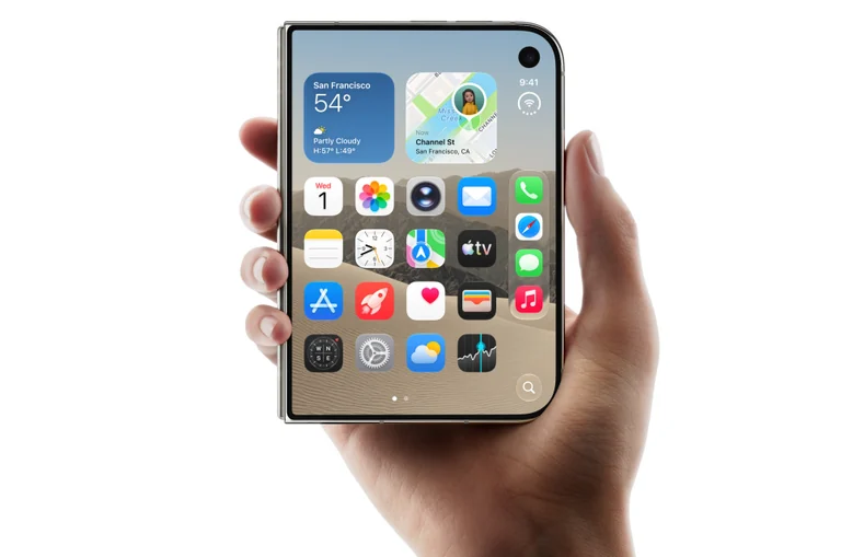 iPhone Duo ในลักษณะพับถือด้วยมือ ภาพผลิตภัณฑ์จาก Apple